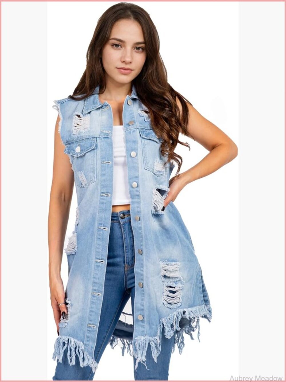 Distressed Sleeveless Mid Long Denim Jacket Vest